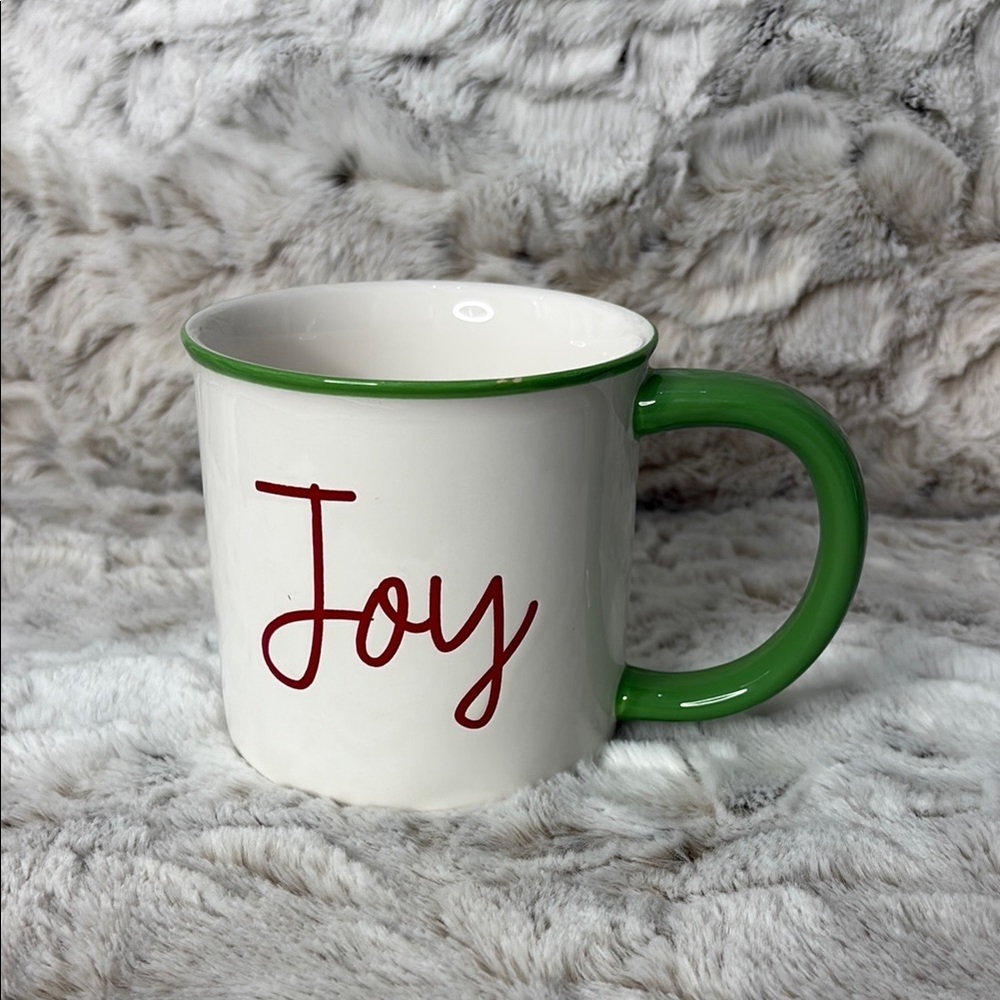 Sleigh Bell Bistro Joy Large Mug with Green Handle. Ceramic